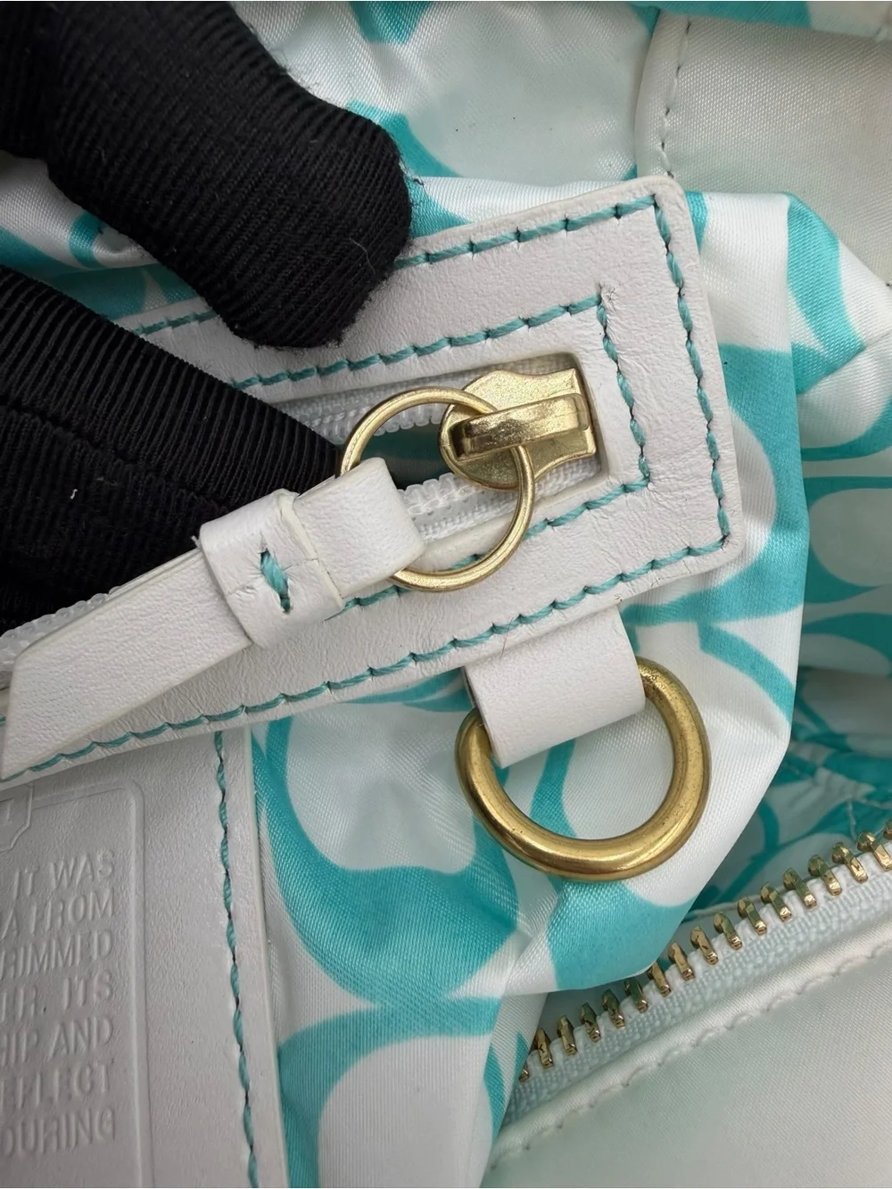 Vintage Coach Hampton White & Aqua Nylon Mini Tote Bag Leather Trim - Picture 10 of 12